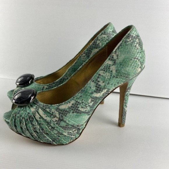 Women's Mimco Size 37 Green Reptile Print Peep Toe Stiletto High Heel Shoes - Picture 6 of 10